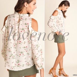 Maroon Floral Cold Shoulder Ruffle Blouse main image 1